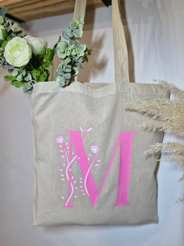 Tote bag beige naturel - lettre florale